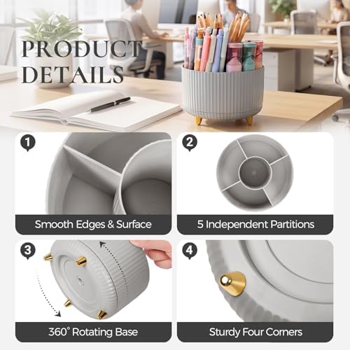 KONVINIT Pencil Pen Holder for Desk, 5 Slots 360-Degree Rotating Desktop Organizer, Cute Desk Organizers and Accessories for School, Home, Office and Art Supply, Grey