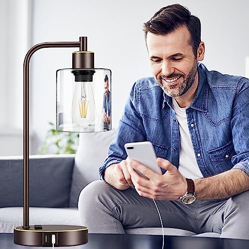 Industrial Touch Table Lamps Set of 2 - Bedside Lamps with 2 USB Ports & AC Outlet, 3-Way Dimmable Nightstand Desk Lamp for Bedroom Living Room, Glass Shade & 2 LED Bulbs Included - Oil-Rubbed Bronze