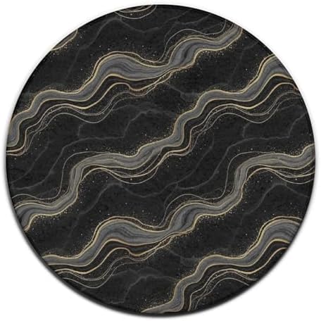 Large Home Decor Mat, Soft Round Yoga Carpet, Non Slip Machine Washable Kitchen Office Circle Rug Black Marble Gold Line, 36inch