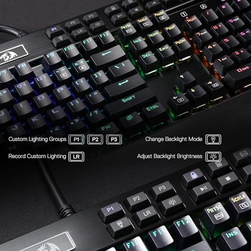 Redragon K550 RGB Gaming Keyboard, 104 Keys + 12 Macro G Keys Wired Mechanical Keyboard w/Aluminum Top Plate, Custom Clicky Purple Switch, Extra USB Port & Wrist Rest