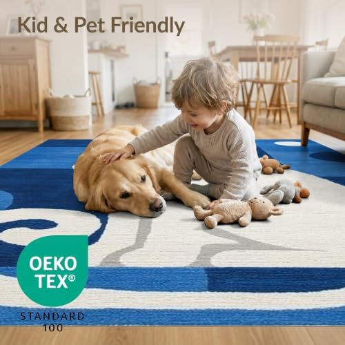3'x5' Blue White Cat Sapphire Design Washable Area Rug