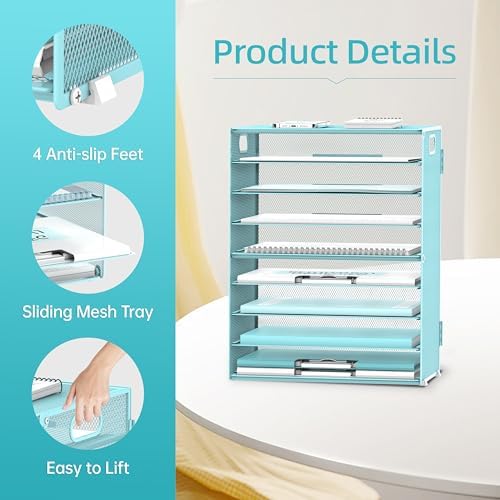 9-Tier Paper Organizer for Desk, Letter Tray with Handles, Blue, 2 Pack