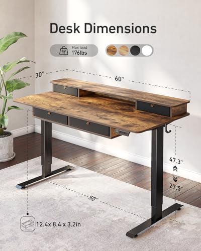 FEZIBO 60 x 30 inch Standing Electric Desk with Drawers, Rustic Brown