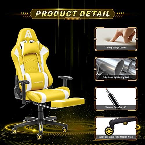 AA Products Gaming Chair - High Back Ergonomic Computer Racing Chair with Footrest, Lumbar Support and Swivel - YellowWhite