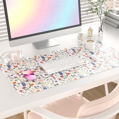 Faux Leather Large Mouse Pad, Office Desk Mat, 31.5"x15.7", Flowers