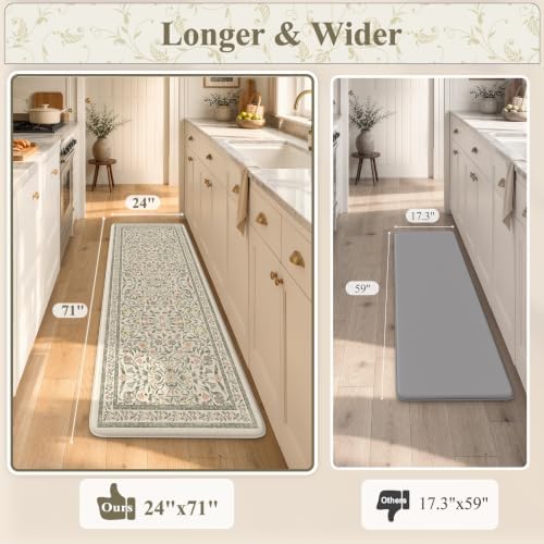 KIMODE Kitchen Mats Cushioned Anti Fatigue, Farmhouse Flower Kitchen Runner Rug, Modern Kitchen Mats for Floor, Padded Kitchen Floor Mats, Beige Home Decor for Sink Laundry Office Bedroom 24"x71"
