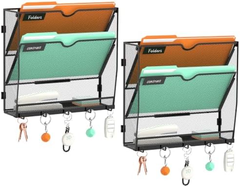 Wall File Holder Hanging Wall File Organizer, Wall Mount Mail Holder and Paper Organizer with Bottom Shelf & 5 Hooks for Office Home School (3-Tier 2Pack)