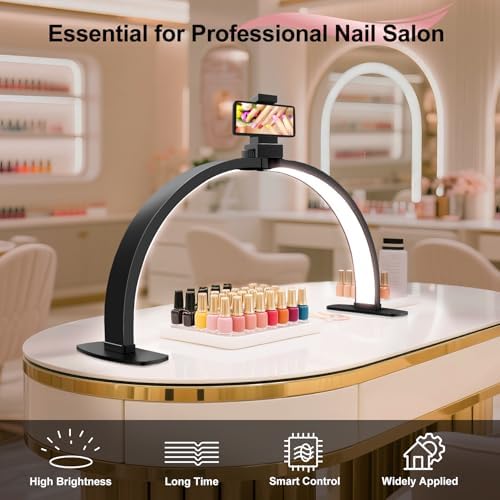 Half Moon Light for Nail Desk: 29in LED Arch Nail Tech Table Lamp with Phone Holder - Salon Professional Desk Light 3 Color Modes & 10 Brightness Lighting for Manicure Technician Use（Black,Large）