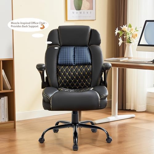 Massage Office Chair,500LBS Ergonomic Rocking Executive Desk Chairs with 4 Points Vibration&Heat,Padded Flipup Armrests for Big and Tall Office Chair,Swivel Computer Chair Black