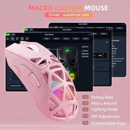 Aula SC620 Wireless Gaming Mouse, Tri-Mode 2.4GHz/USB-C/BT5.3 Computer Mouse with 12000 DPI, Programmable Macro Gamer Mouse with Rapid Fire Key, RGB Light Gaming Mice for PC/Laptop/Mac (Line Pink)