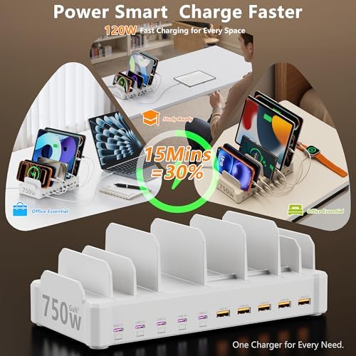 750W Charging Station for Multiple Devices, Zobirez 10-Port Fast Charger, 5 USB-C 120W Each and 5 USB-A 30W Each, Desktop Charging Hub for Laptop Phone Tablet, White
