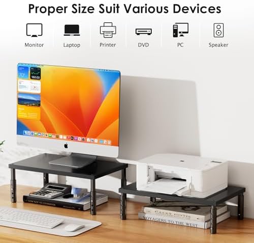 ECOLOVI Adjustable Wood Computer Monitor Stand Riser, Office Desk Organizer and Accessories for Monitor, Laptop, PC, Printer, Office Desk Accessories Workspace Organizer for Home Office Supplies, Black