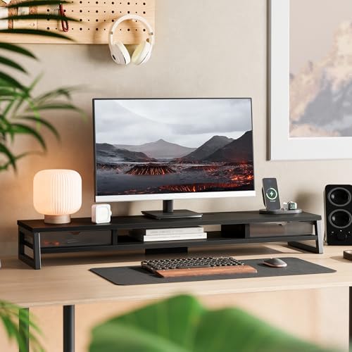 Fenge Dual Monitor Stand Riser, 42.5in Desk Shelf with 2 Drawers, Black