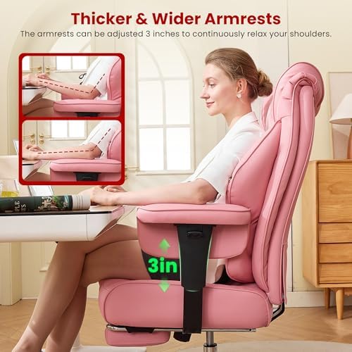 Clome 500lbs Big and Tall Office Chair Adjustable Lumbar Support for Back Pain, Extra Wide Seat Executive Office Chair Thick Armrest Pad, Heavy Duty Base Ergonomic Computer Desk Chair