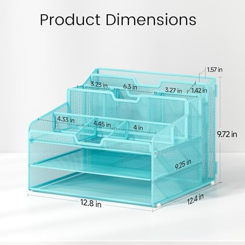 Lavatino Desk Paper File Organizer - Metal Mesh with 2 Letter Trays, 7 Flexible Dividers, 2 Vertical File Folder Holders for Office/Home/Classroom Supplies, Desk Organizers and Accessories, Blue