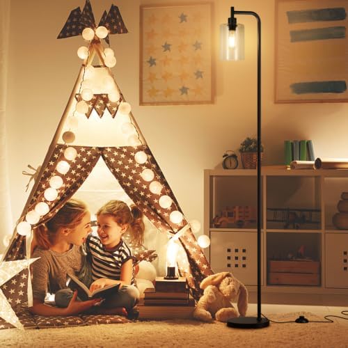 Ziisee Industrial Floor Lamp with Glass Shade - Black, LED Bulbs, Foot Pedal Switch, Easy Assembly