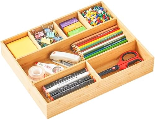 Umilife Large Bamboo Desk Drawer Organizer, Wood Office Junk Tray, 15"x12"