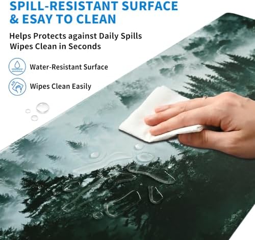 Extended Misty Forest Desk Mat, XXL Large Gaming Mouse Pad, Tree Woodland Nature Stitched Edges Waterproof with Non-Slip Rubber Base for Computer Keyboard Laptop Work Home Office 35.4"x15.7"