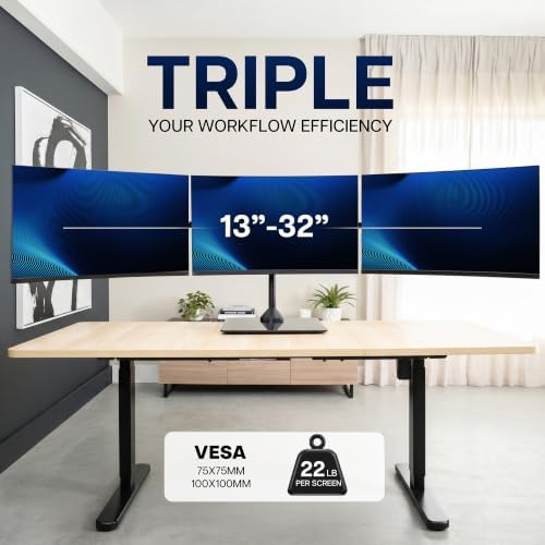 VIVO Black Triple Monitor Mount, Freestanding Triple Monitor Arm Stand for Desk with Glass Base, Heavy Duty Fully Adjustable Stand for 3 Screens up to 32 inches, Black, STAND-V332FG