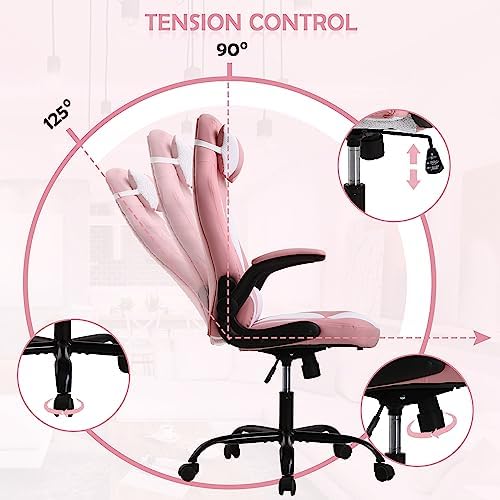 Office Gaming Chair, High Back PU Leather Racing Chair, Comfortable Big and Tall, Height Adjustable Heavy Duty With Headrest & Lumbar Support (Pink)
