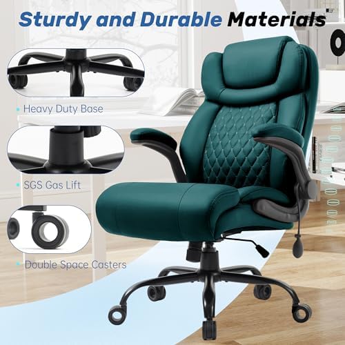 500LBS Big and Tall Executive Office Chair with Adjustable Lumbar Support,Extra Wide Seat for Ergonomic Computer Desk Chair Flip-up Arm,Home Office Chair Spring Cushion Upgraded Metal Base, PU Green