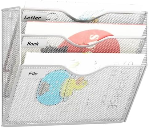 3 Pockets Hanging Wall File Organizer Mail Holder, Wall Mounted Paper Document Folder Holder, Clipboard Storage Organization Magazine Rack, Silver