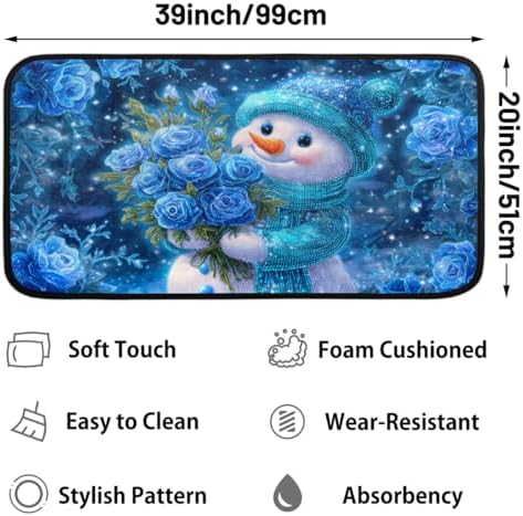 Christmas Door Mat Kitchen Mats, Christmas Blue Snowman Rose Door Rugs, Cushioned Anti Fatigue Absorbent Kitchen Rug, Non-Slip Standing Desk Mat, Front Door Rug for Floor, Office, Sink, 20"×39"