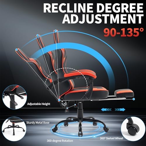 Gaming Chair with Footrest for Adults - Ergonomic Gaming Chairs with Foot Rest - Big and Tall Computer Game Chair - PU Leather Reclining Video Game Chairs with Spring Cushion - Black/Red