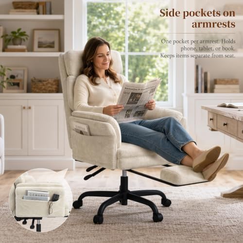 ELABEST C57 Ergonomic Reclining Office Chair with Footrest,Velvet Desk Chairs with 6-Stage Adjustable Wing Armrests for Cross Legged Sitting, Pet-Friendly High Back Lounge Gaming Chair for Home Office