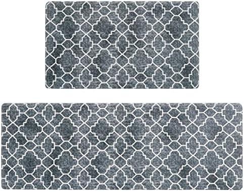 FRESHMINT Kitchen Mat Set of 2, Anti-Fatigue Cushioned Kitchen Mats for Floor, Waterproof Non Slip Comfort Standing Mat, Boho Kitchen Rug for Kitchen Decor, Sink, Office, 17"x30"+17"x47", Navy Blue