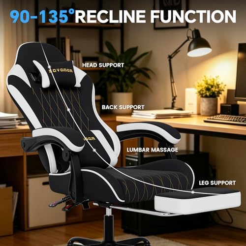 Breathable Fabric Gaming Chair with Footrest, Ergonomic High Back Computer Chair with Gold Diamond Stitching, Height Adjustable Swivel Office Chair with Lumbar Support for Adults,Blackwhite