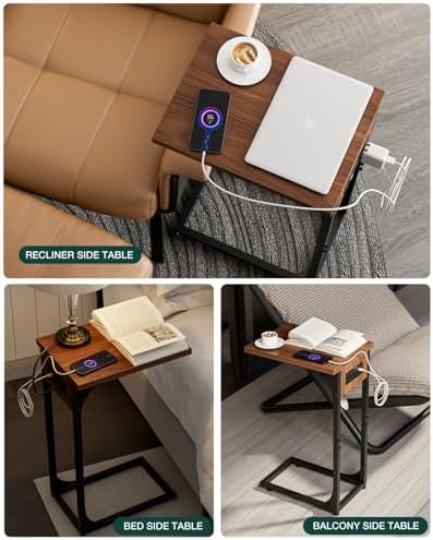 C-Shaped Side Table for Couch - Small Coffee Stand Sofa Tray Desk with Metal Frame Waterproof Scratch Resistant Wood Top and Built-in Charging Station, Rustic Walnut