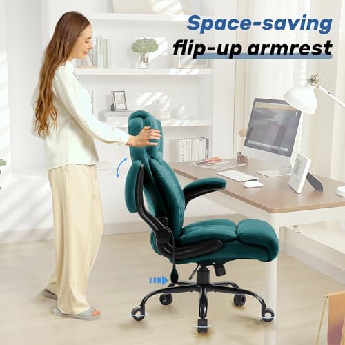 500LBS Big and Tall Executive Office Chair with Adjustable Lumbar Support,Extra Wide Seat for Ergonomic Computer Desk Chair Flip-up Arm,Home Office Chair Spring Cushion Upgraded Metal Base, PU Green