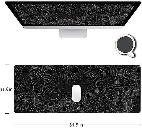 Gaming Mouse Pad, Large Topographic Mouse Pads for Desk, Non-Slip Rubber Base Mousepad, Keyboard Mouse Mat, Desk Pad with Stitched Edges, 31.5x11.8inch, Black Geographic Lines