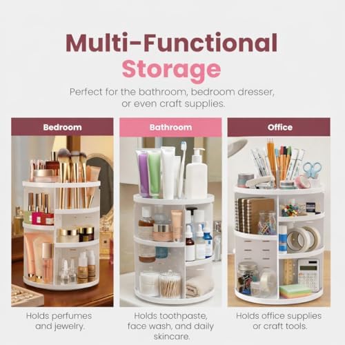 Masirs 360 Rotating Makeup Organizer Countertop, Adjustable Shelf, White
