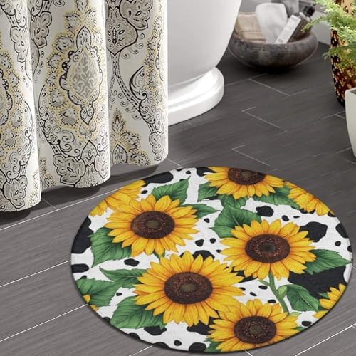 Machine Washable Modern Round Area Rug, Room Sofa Yoga Soft Round Carpet, Home Decor Non Slip Kitchen Office Circle Rug 80s Vintage Sunflower Cow Print, 24inch