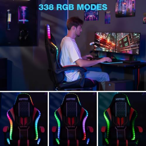 HOFFREE LED Gaming Chair with Bluetooth Speaker RGB Lights Game Chair-Red