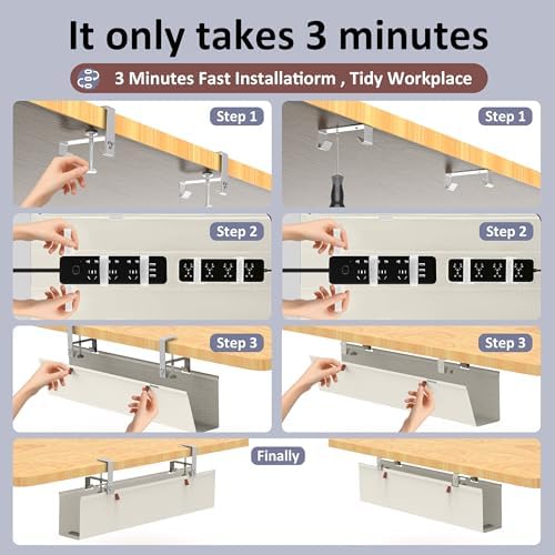 36" Under Desk Cable Management Tray for Home Office, No Drill Cord Organizer for Glass & Wood Table, Anti-Sag Oxford Fabric Wire Management Hider, Fits Surge Protector (Beige, 35.8")