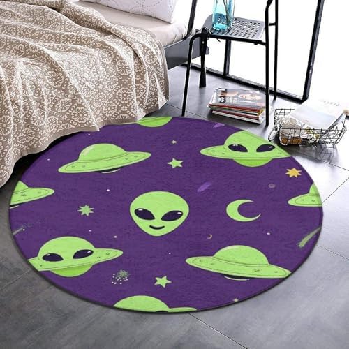 Large Home Decor Mat, Soft Round Yoga Carpet, Non Slip Machine Washable Kitchen Office Circle Rug Alien Art Purple