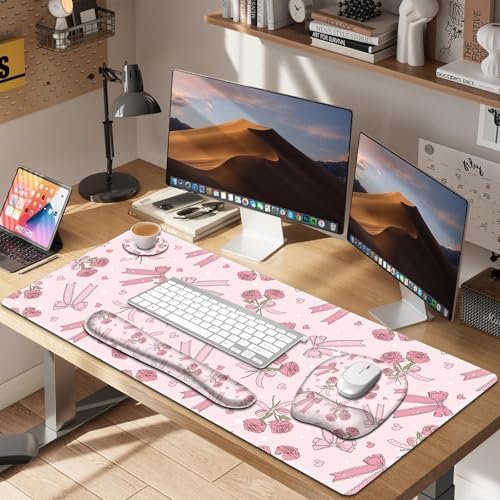 Pink Mouse Pad with Wrist Support 4 in1 Set, XXL Big Game Mousepad + Keyboard Wrist Rest + Mouse Wrist Rest Pad +Coaster Gaming Mat for Home Office Work Computer Laptop PC I Sweet Rose & Heart Bow