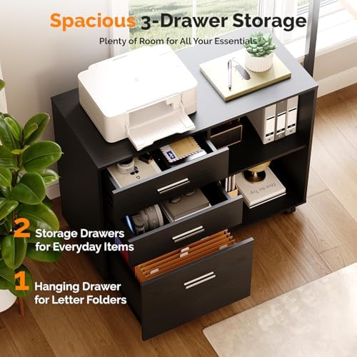 VINGLI 3 Drawer Wood Lateral File Cabinet with Adjustable Shelves & Locking Wheels, Printer Stand with Drawers for Letter Size Files, Sturdy Black File Cabinets for Home Office, Study & Business