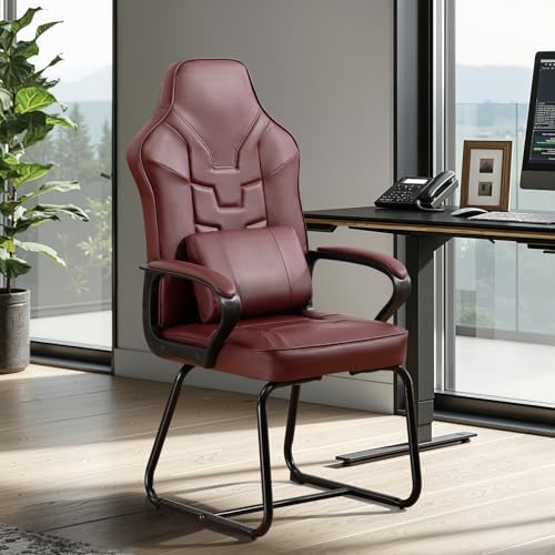 Leather Office Guest Chair No Wheels High Back Computer Reception Chairs with Padded Arms Waist Pillow for Gaming Meeting Conference Waiting Room, Red