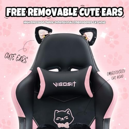 Vigosit Cat Ears Gaming Chair with 310lbs Capacity - PU Leather Ergonomic Reclining Office Chair, Adjustable Lumbar Support, 360° Swivel for Gamers Adults Kids, Black with Pink Accents