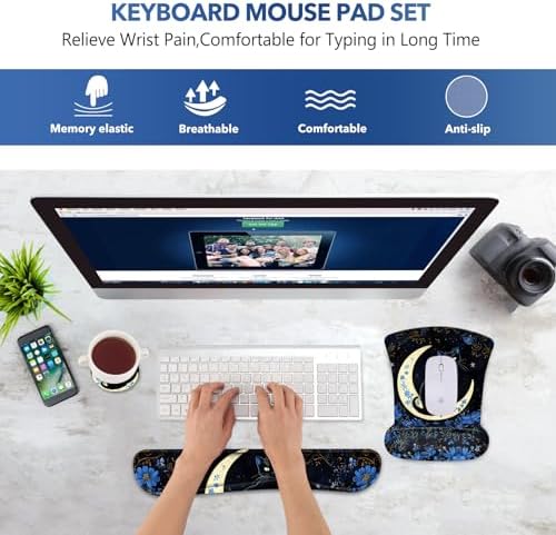 AIMSA Mouse Pad with Wrist Rest Set, Black Cat Wrist Support Mouse Pad Set, Ergonomic Mousepad with Anti-Slip Base, Memory Foam Keyboard Wrist Rest Cushion Pad