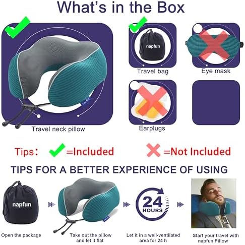 napfun Neck Pillow for Travel, Memory Foam Airplane Pillow, Teal