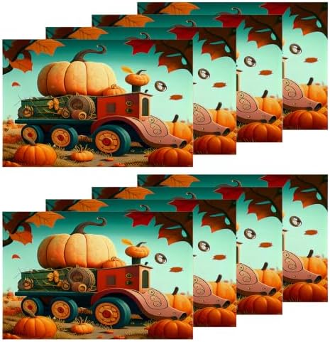 Shrahala Autumn Pumpkin Harvest Set of 8 12 X 18 Inch Linen Placemats, Trucks Rice Paddies Cartoons Art Burlap Table Mat Washable Double Layered Heat Insulation for Indoor