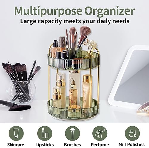 Asayuee 360 Rotating Makeup Organizer,2 Tier Large Capacity Make Up Organizers and Storage,Skincare Perfume Vanity Organizers,Bathroom Cosmetics Storage Organizer Countertop (Green)