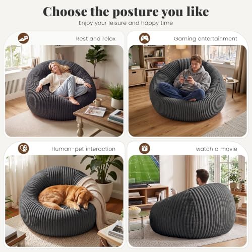 Homkdom Bean Bag Chairs for Adults, Giant Bean Bag Sofa with Armrests, Grey
