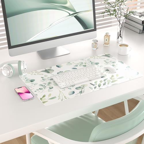 Leather Large Mouse Pad, Office Desk Mat, 23.6"x13.8", Eucalyptus Leaves