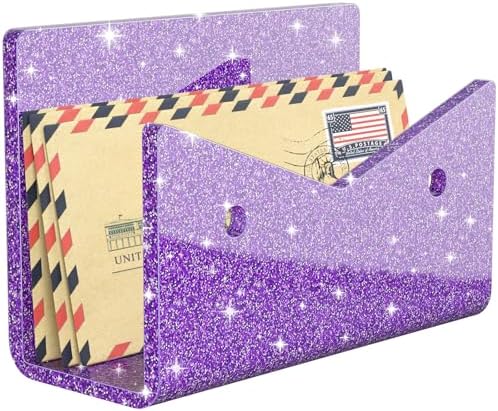 Mail Organizer Envelope Holder - Glitter Purple Acrylic Mail Holder Countertop Vertical Desk Organizer Small File Bill Document Notebook Letter Sorter for Home School Office Supplies